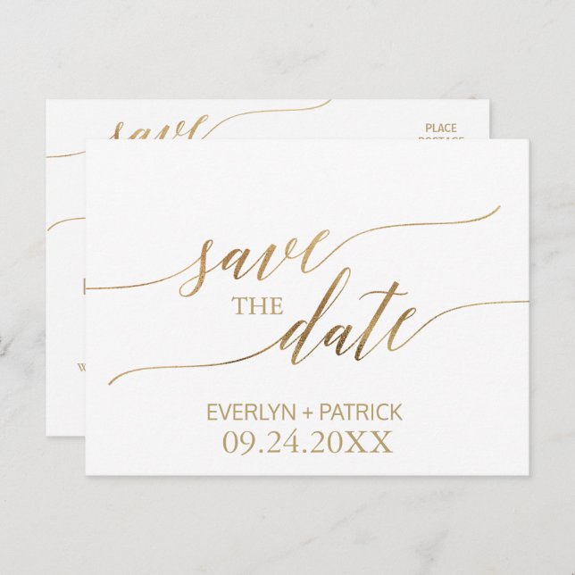 Elegante Goldkalligraphie Save the Date Ankündigungspostkarte (Vorne/Hinten)