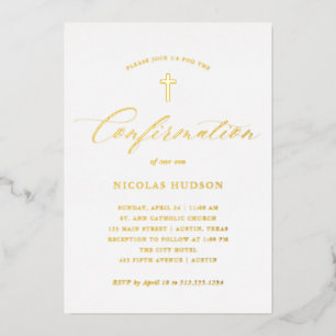 Elegante Goldkalligraphie und Kreuz   Konfirmation Folieneinladung