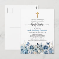Elegante Goldkreuz Blaue Blumen Tauf Einladung