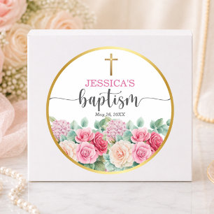 Elegante Goldkreuz-Rosen-Blumen-Taufe Runder Aufkleber