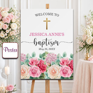 Elegante Goldkreuz-Rosen-Blumen-Taufwillkommensgru Poster