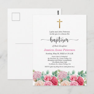 Elegante Goldkreuz-Rosen-Blumentaufeinladung Postkarte
