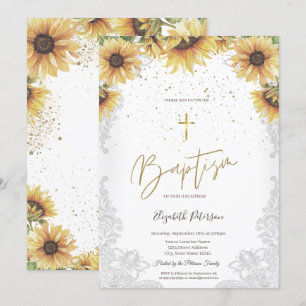 Elegante Goldkreuz-Sonnenblumen Weiße Spitze Taufe Einladung