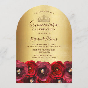 Elegante Goldkrone Rote Rose Florale Quinceañera Einladung