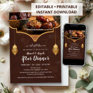 Elegante Goldlaterne Warmbraun mit Datteln Iftar Einladung