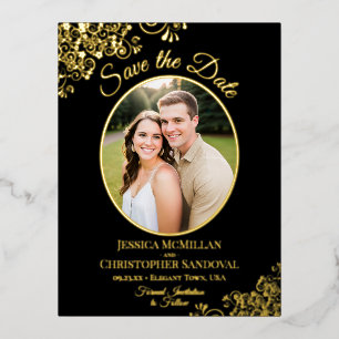 Elegante Goldlitze und Foto Schwarze Save-the-Date Folie Einladungspostkarte
