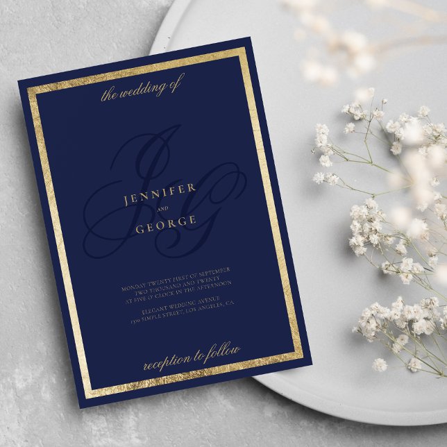 Elegante Goldmedaille, blaue Monogramm-Hochzeit Einladung (Elegant gold navy blue monogram initals wedding invitation )