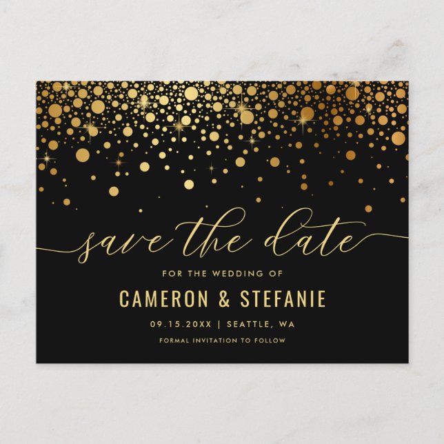 Elegante Goldmedaille Confetti Save the Date Postkarte (Vorderseite)