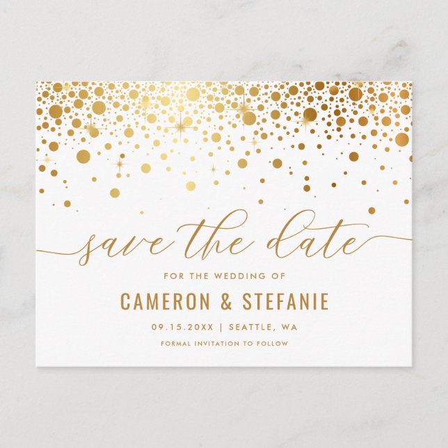 Elegante Goldmedaille Confetti Save the Date Postkarte (Vorderseite)