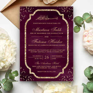 Elegante Goldmedaille Glitzer Border Plum Muslim W Einladung