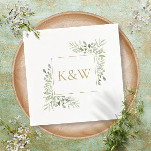 Elegante Goldmonogramm-Grünpflanzen-Hochzeit Serviette