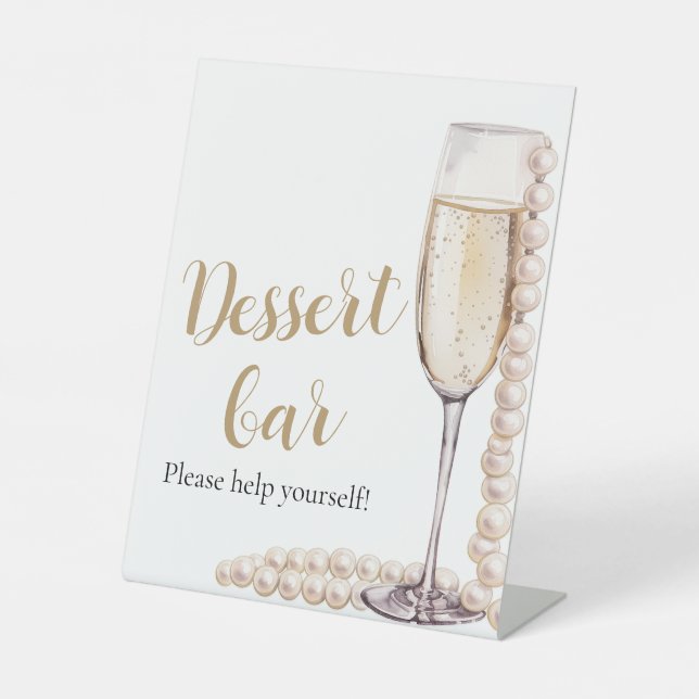 Elegante Goldperlen und Prosecco Dessert Bar Sign Sockelschild (Vorderseite)