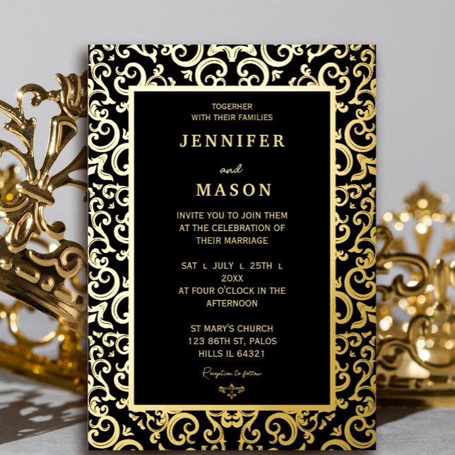 Elegante Goldrahmen-Hochzeit Folieneinladung (Elegant gold Frame Wedding Foil Invitation #luxurygoldfoil #decoration #elegantgoldframe #zazzlemade)