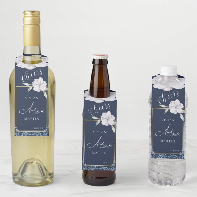 Elegante Goldrahmen-Navy-Blue-Rose Hochzeit Flaschenanhänger (Beispiel)