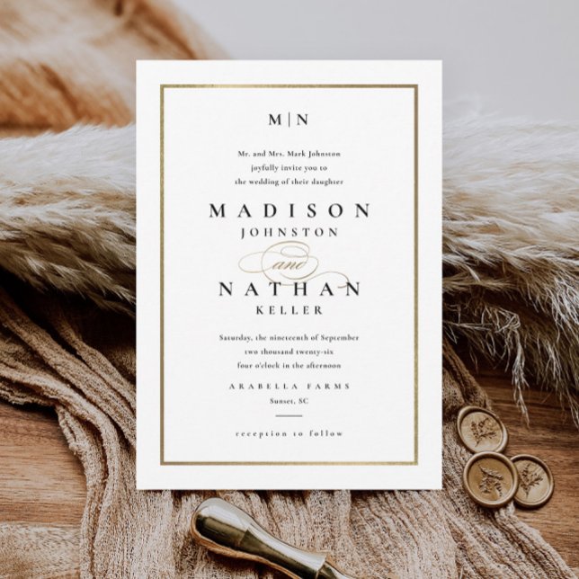 Elegante Goldrahmen Schwarz-Weiß-Hochzeit Einladung (Von Creator hochgeladen)