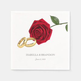 Elegante Goldrings und Rote Rosen Hochzeit Serviette