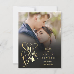 Elegante Goldschrift Foto Hochzeit Termin merken Magneteinladung