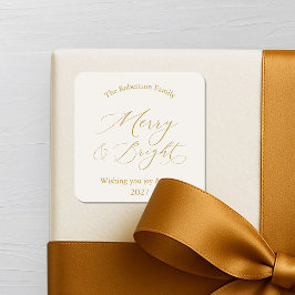 Elegante Goldschrift „Merry & Bright“ Weihnachten Quadratischer Aufkleber