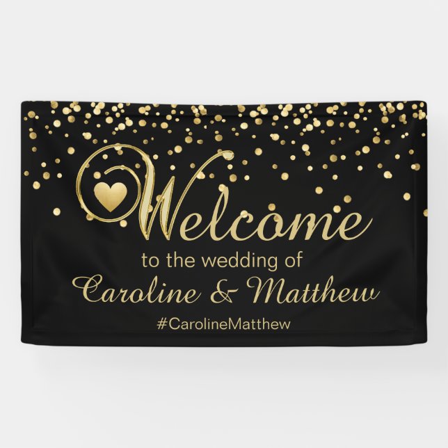 Elegante Goldschwarz-Herz-Willkommens-Hochzeit Banner (Horizontal)