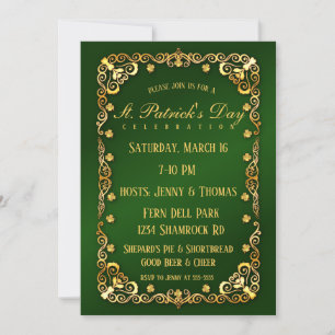 Elegante Goldtrim und Kleeblatt St. Patrick's Day Einladung