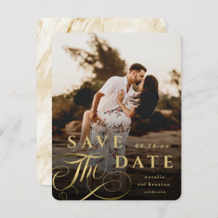 Elegante Goldtypografie mit Marmorbacken-Foto Save The Date