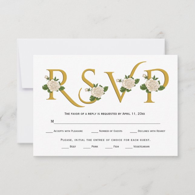 Elegante Goldtypografie und weiße Rosen RSVP-Karte RSVP Karte (Vorderseite)
