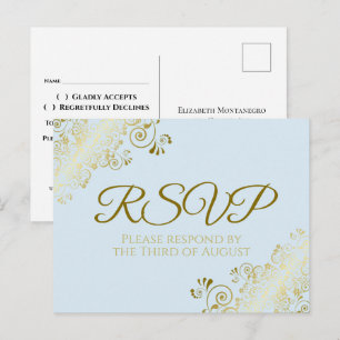 Elegante Goldverzierungen auf blauer Hochzeits-RSV Postkarte