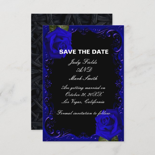 Elegante Goth Blue Rose Save the Date Card (Vorne/Hinten)