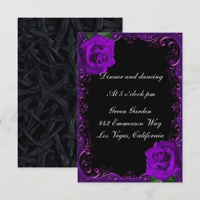 Elegante Goth Lila Rose Empfang Card Einladung (Vorne/Hinten)