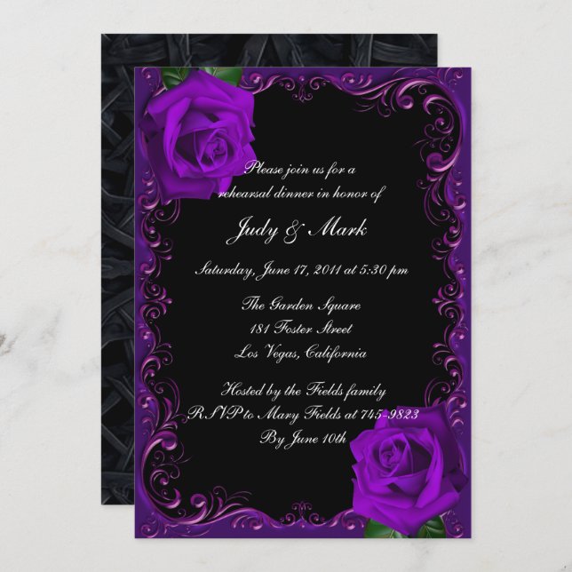 Elegante Goth Lila Rose Probe Abendessen Einladung (Vorne/Hinten)