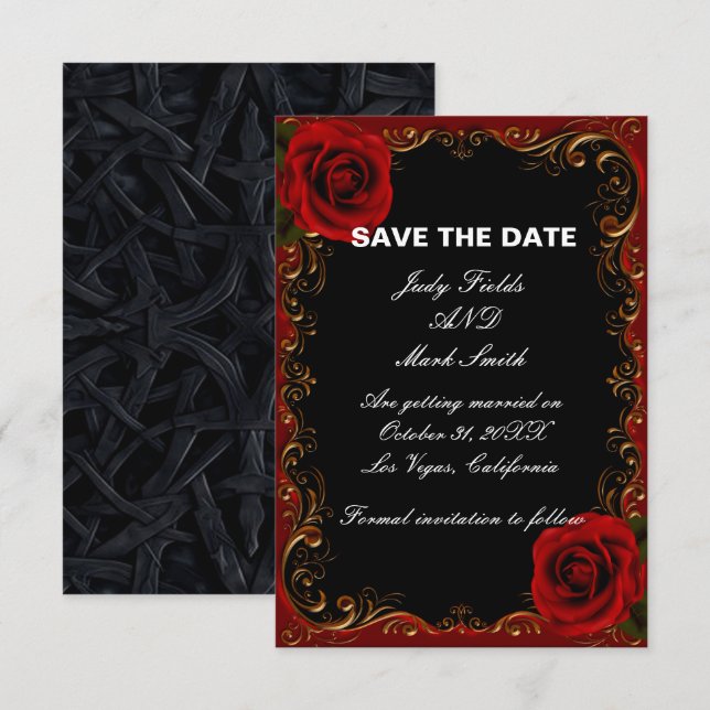 Elegante Goth Rote Rosen Save the Date Karte (Vorne/Hinten)
