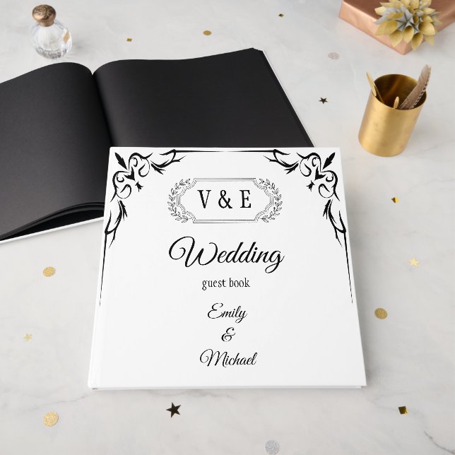 Elegante Gothic Black Rose Monogram Wedding Gästebuch (Vorderseite offen)