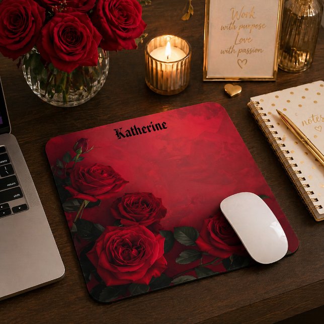 Elegante Gothic Red Roses Benutzerdefinierter Name Mousepad (Von Creator hochgeladen)