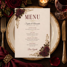 Elegante Gothic Rosen Burgunder Hochzeitsmenükarte
