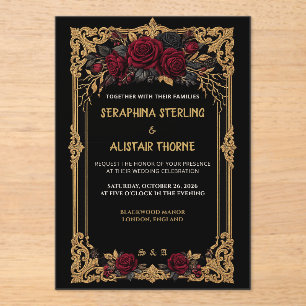 Elegante gothische schwarze Rosen-Gold-Hochzeitsei Acryleinladungen