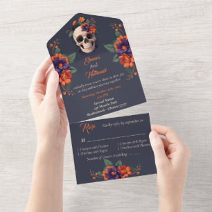 Elegante gotische 3D-Blumen-Schädel-Hochzeit All In One Einladung