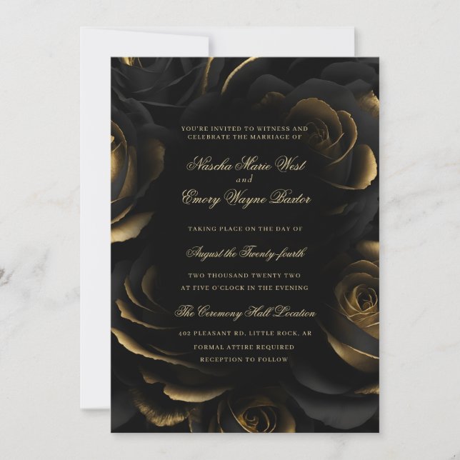 Elegante Gotische Black & Gold Rose Hochzeit Einladung (Vorderseite)