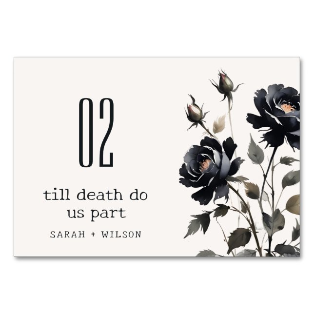 Elegante Gotische Dunkle Wasserfarbe Schwarze Rose Tischnummer (Vorderseite)