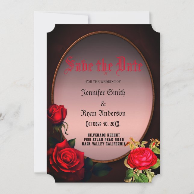 Elegante gotische rote Rosen Save the Date Einladung (Vorderseite)