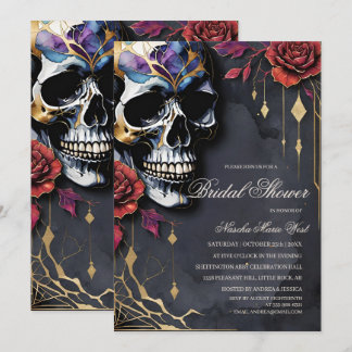 Elegante gotische Schädel & rote Rosen Brautparty Einladung