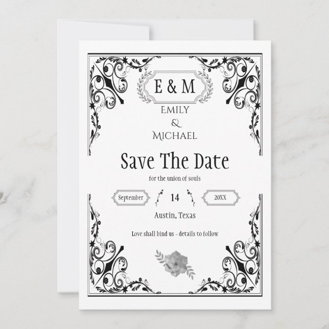 Elegante gotische Schwarz-Weiß-Hochzeitmonogramm Save The Date (Vorderseite)