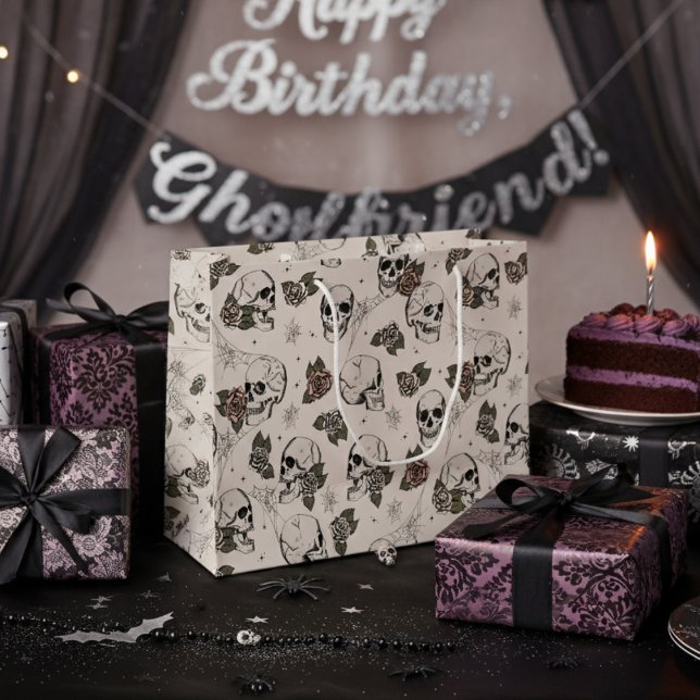 Elegante gotische Skulls und Rose Halloween Große Geschenktüte (Elegant Skull and Roses Gothic Halloween Gift Bags for Her. Gothic Chic Style. Floral Skulls Pattern)