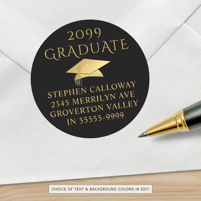 Elegante Graduate Black Gold Cap Rücksendeadresse Runder Aufkleber (Von Creator hochgeladen)
