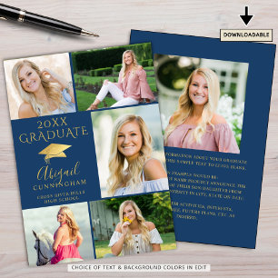Elegante Graduate Blue und Gold 6 FotoCollage Ankündigung