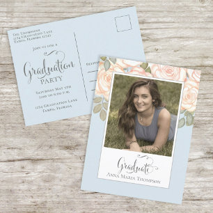 Elegante Graduate Watercolor Floral Chic Light Blu Postkarte