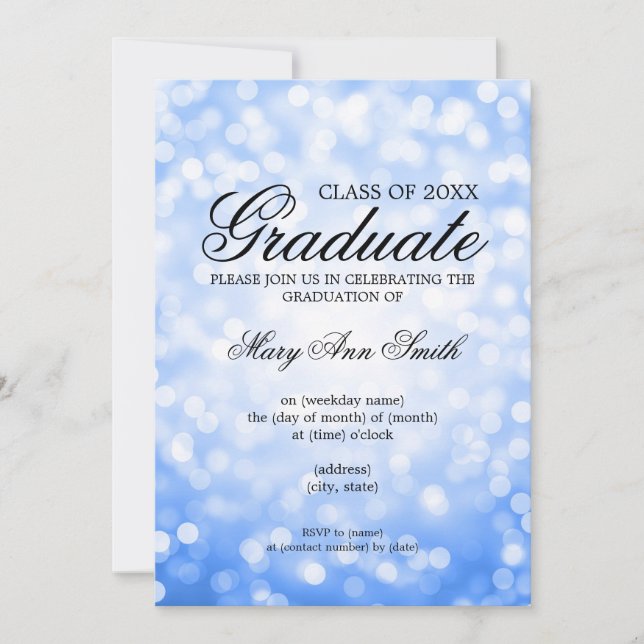 Elegante Graduation Party Blauer Glitzer Einladung (Vorderseite)