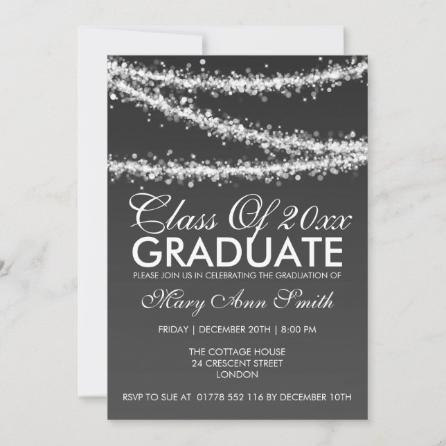 Elegante Graduation Party String Lights Schwarz Einladung (Vorderseite)