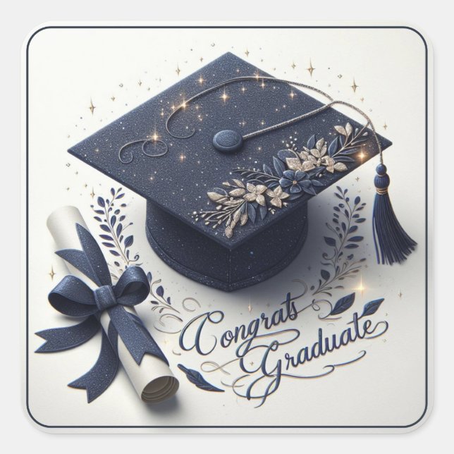 Elegante Graduiertenkap und Diplom Quadratischer Aufkleber (Vorderseite)