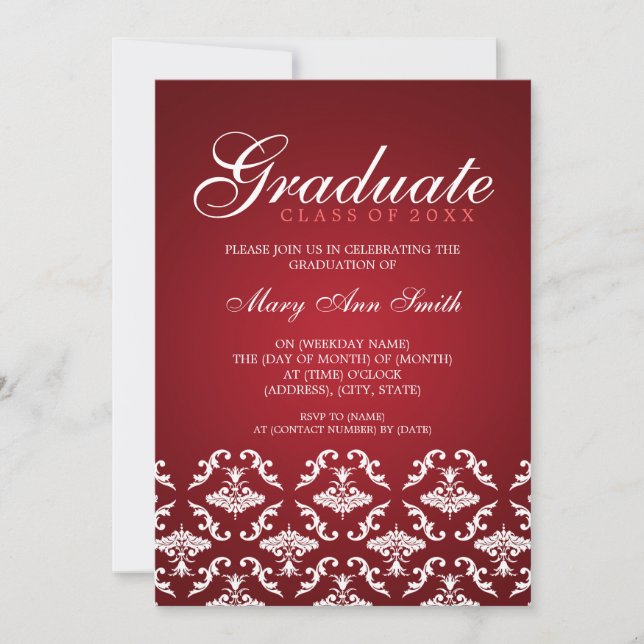 Elegante Graduierungspartei Damask Red Einladung (Vorderseite)