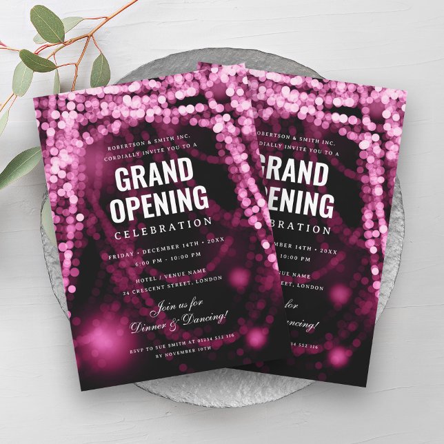 Elegante Grand Opening Business Hot Pink Lights Einladung (Elegant Grand Opening Business Hot Pink Lights Invitation)